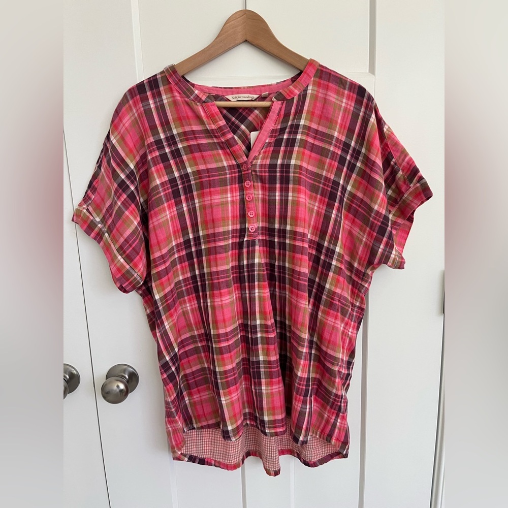 Soft Surroundings Malay Shirt L Bright Rose Plaid 100% Cotton Tunic Top NWT Soft